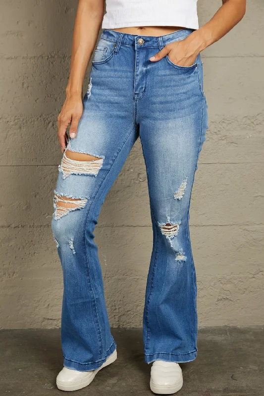 women's faded denim jeansBaeful Distressed Flare Leg Jeans with Pockets