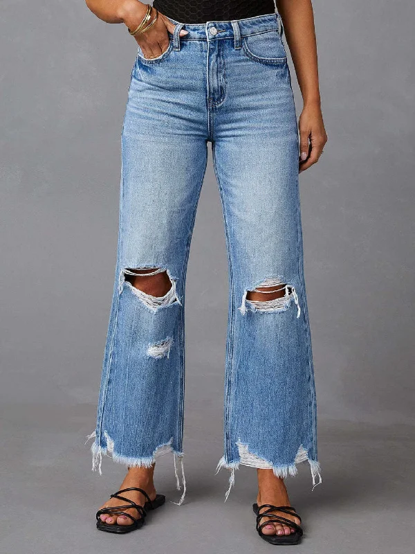 women's low-rise denim jeansDistressed Raw Hem Jeans with Pockets