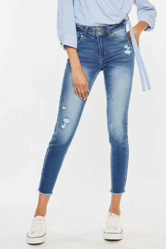 women's denim jeans for a cozy weekendKancan Distressed Raw Hem High Waist Jeans