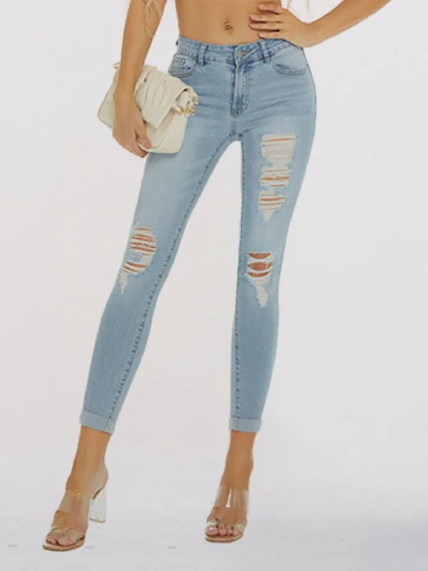 women's denim jeans with floral embroideryDistressed Skinny Cropped Jeans