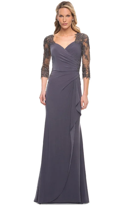 Formal Dress for Rustic ThemesLa Femme 30384 - Lace Covered Sleeves Net Jersey Gown