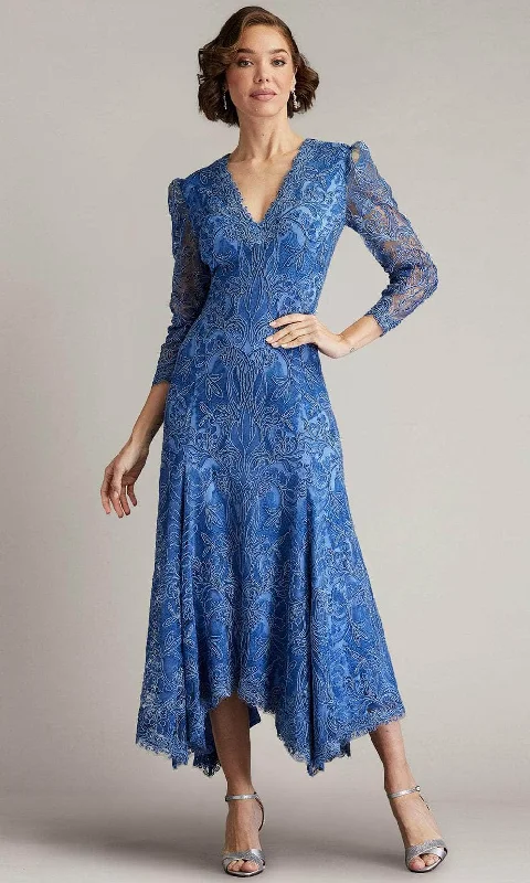 Flattering Long Sleeves DressTadashi Shoji BSU21187MD - Puff Long Sleeve V-Neck Tea-Length Dress