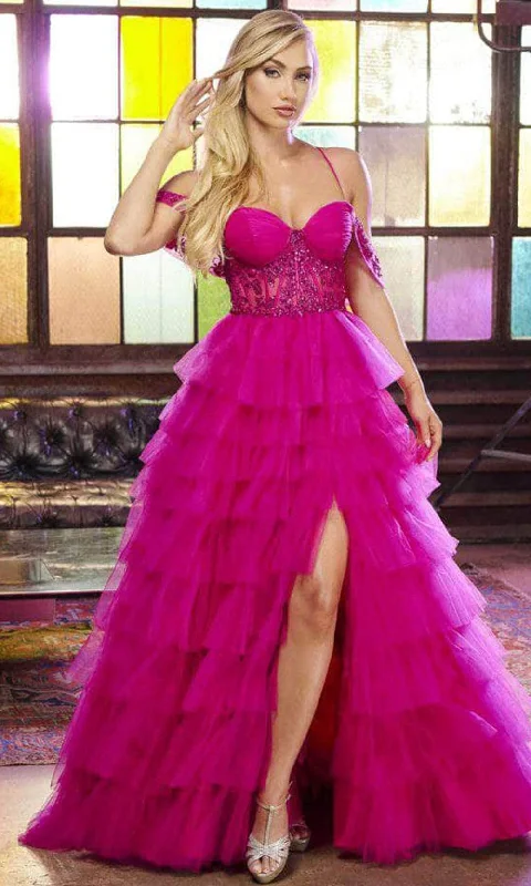 Formal Dress for Awards CeremoniesTiffany Designs 16067 - Cold Shoulder Ruffled Tulle Ballgown