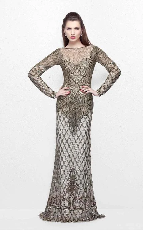 Flirty Long Sleeves DressPrimavera Couture - 1720 Long Sleeve Adorned Sheath Dress in Champagne