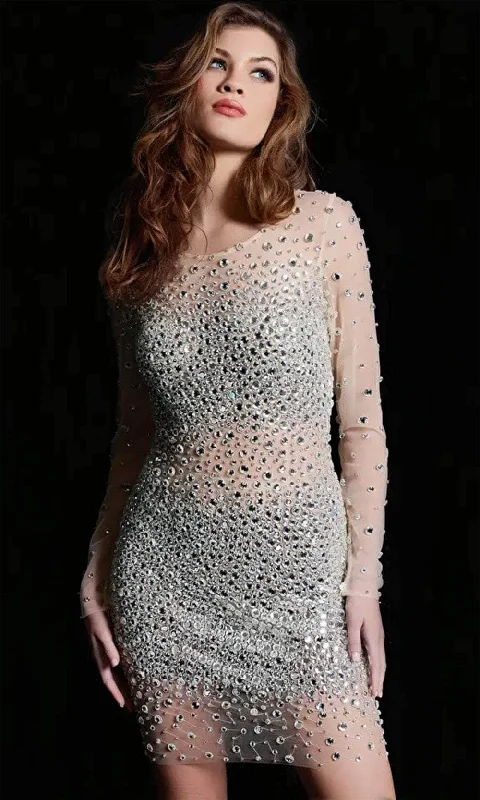 Fuzzy Knit Long Sleeves DressJovani 37055 - Beaded Long Sleeve Cocktail Dress