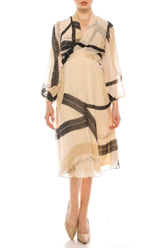 Flexible Long Sleeves Chiffon DressLondon Times T5660M - Long Sleeve Abstract Print Chiffon Dress