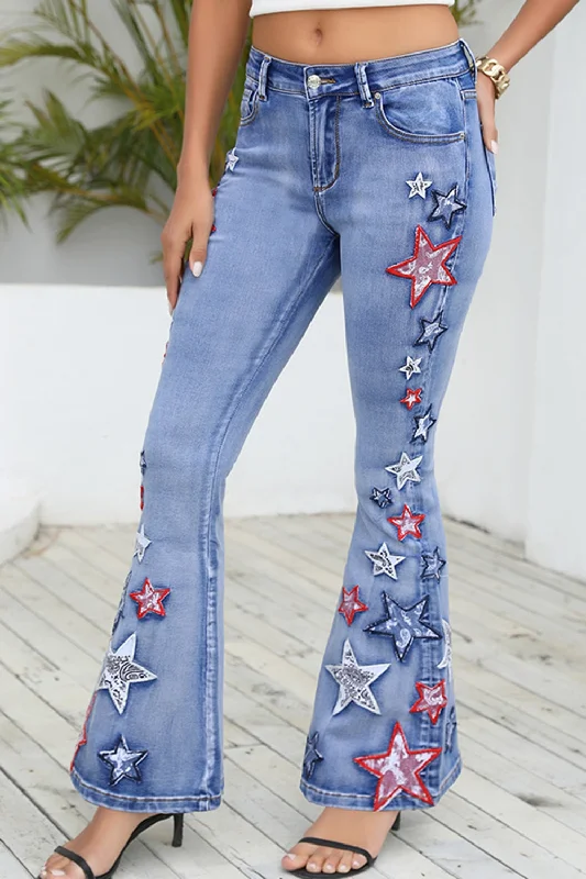 women's grey denim jeansFull Size Star Applique Wide Leg Jeans