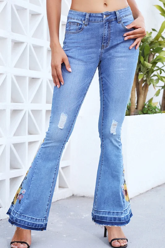 women's denim jeans with adjustable waistbandsFull Size Flower Embroidery Distressed Wide Leg Jeans