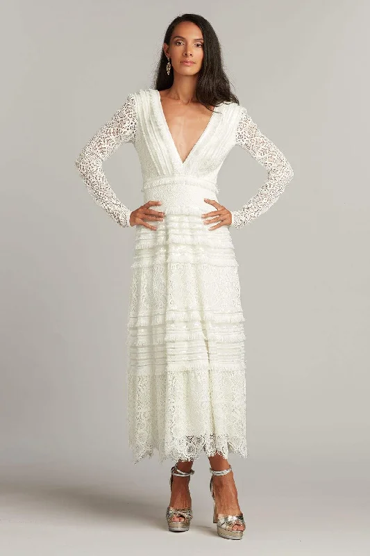 Fuzzy Long Sleeves Mother of the Bride DressTadashi Shoji - Long Sleeve Deep V Neck A-Line Dress