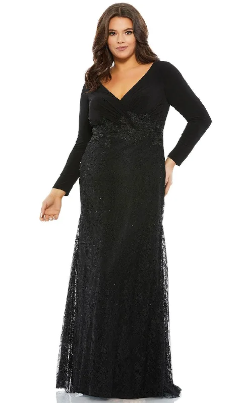 Fitted Long Sleeves High-Low DressMac Duggal 67896 - Long Sleeve Lace Trumpet Dress