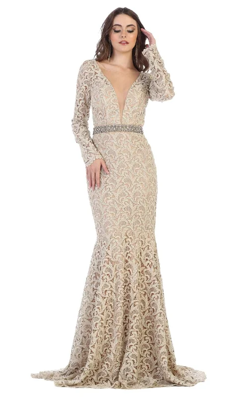 Fabulous Silk Long Sleeves DressMay Queen - RQ7671 Lace Long Sleeve Trumpet Dress With Train