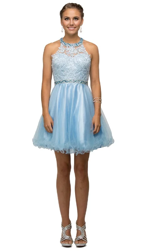 ruffle party dressesDancing Queen - 9534 Bejeweled Collar Halter Lace A-Line Homecoming Dress