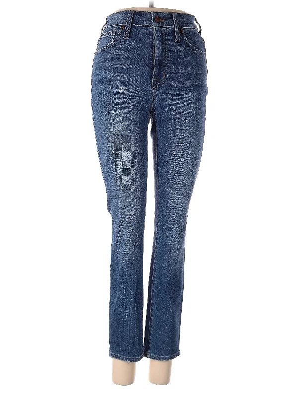 women's denim jeans with distressed hemsMid-Rise Bootleg Jeans in Medium Wash