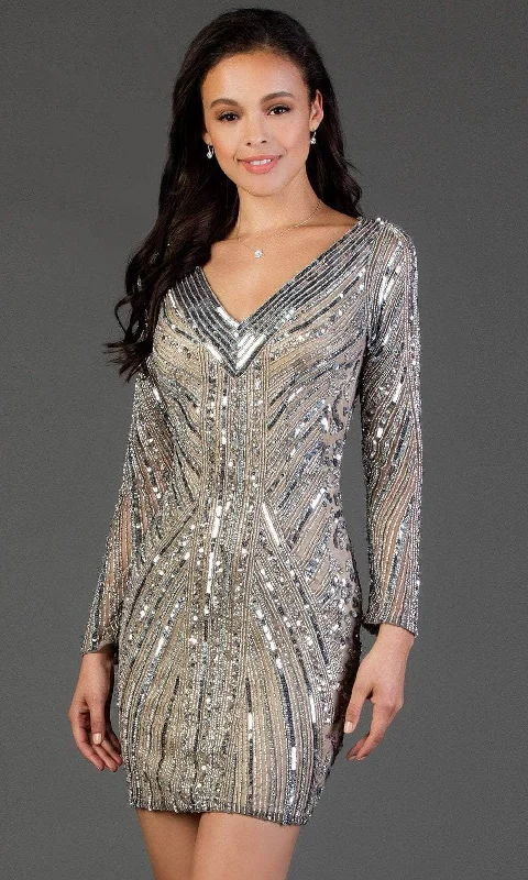 Fabulous Long Sleeves Babydoll DressSCALA - Sequined Long Sleeve V-neck Sheath Dress 60056 - 1 pc Lead/Sil In Size 12 Available