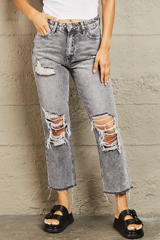 women's denim jeans with sequinsBAYEAS Acid Wash Distressed Cropped Straight Jeans