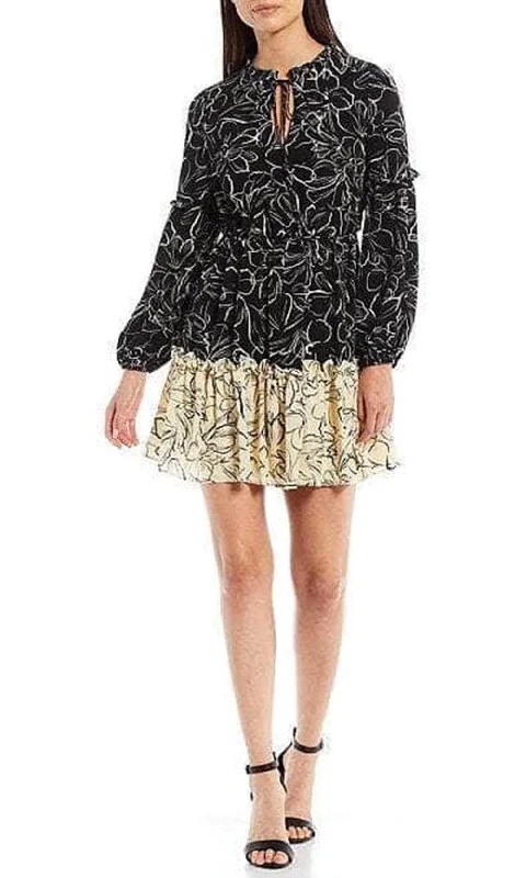 Fuzzy Wool Long Sleeves DressLaundry HU05D15 - Multi Print Tiered Short Dress With Long Sleeves