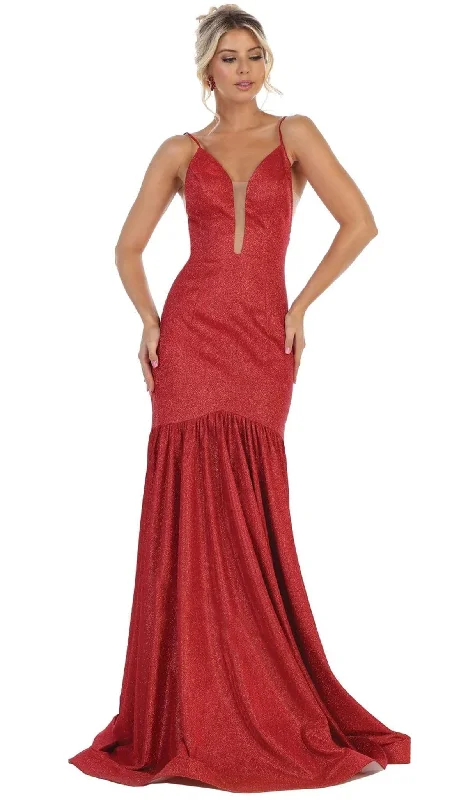 Formal Dress for Vintage ThemesMay Queen - RQ7725 Plunging V-Neck Fitted Trumpet Gown