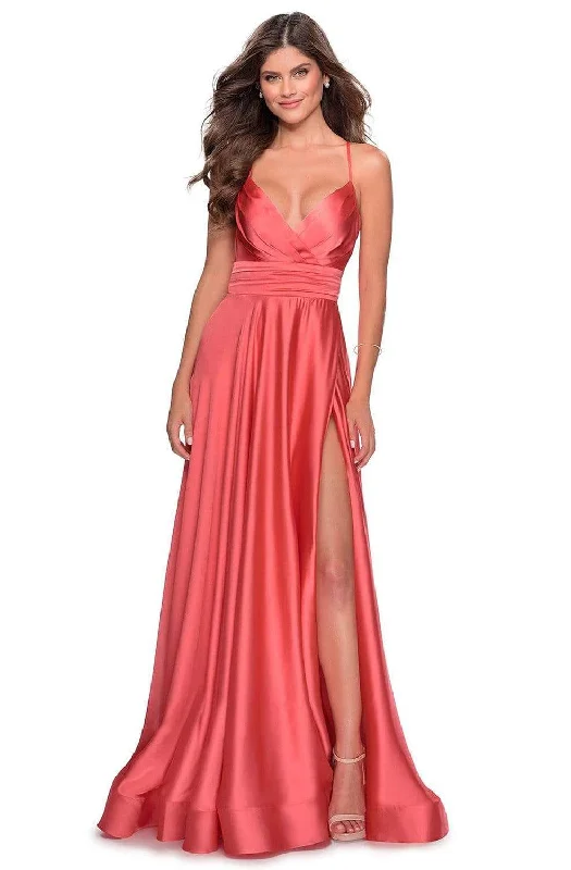 Formal Dress for Bohemian ThemesLa Femme - 28571 Satin Deep V-neck A-line Gown