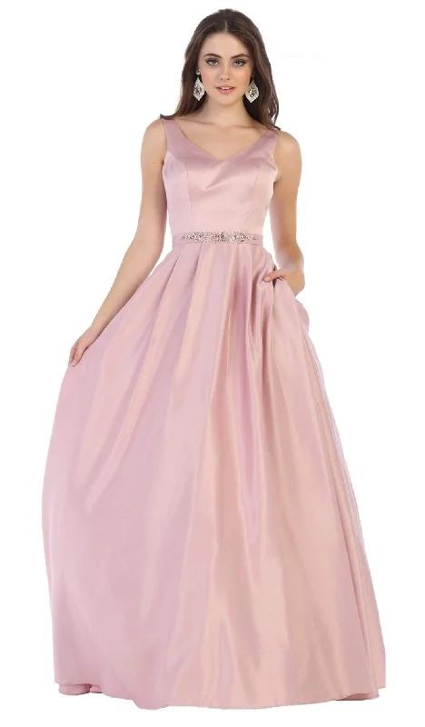 Formal Dress for ConcertsMay Queen - MQ1595 Sleek V-Neck Adorned Waist A-Line Gown