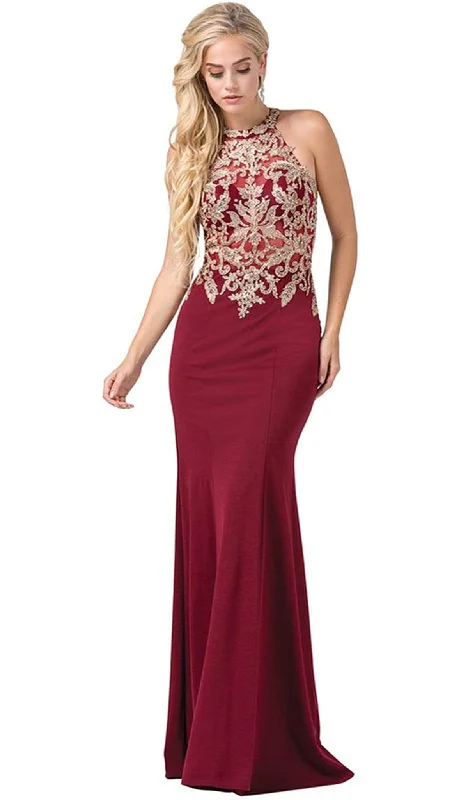 Formal Dress for GraduationsDancing Queen - 2555 Embroidered Halter Long Trumpet Gown