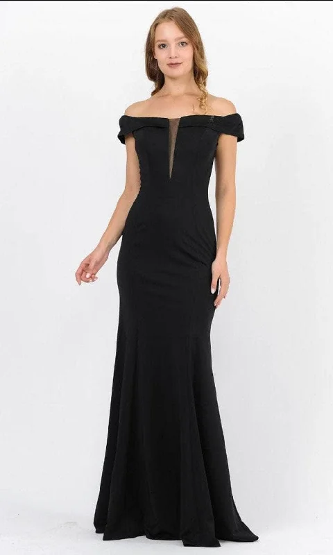 Formal Dress for Winter Formal EventsPoly USA 8462 - Off-Shoulder Notched V-Neck Formal Dress