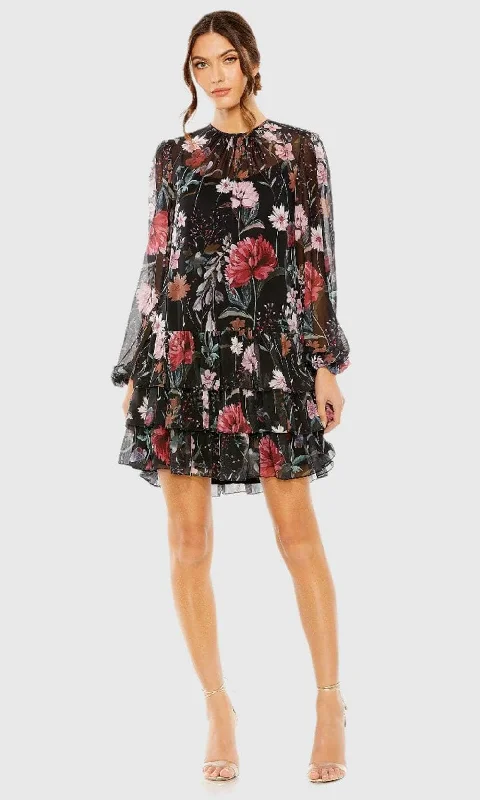 Flowery Silk Long Sleeves DressIeena Duggal 55075 - Sheer Long Sleeve High Neck Cocktail Dress