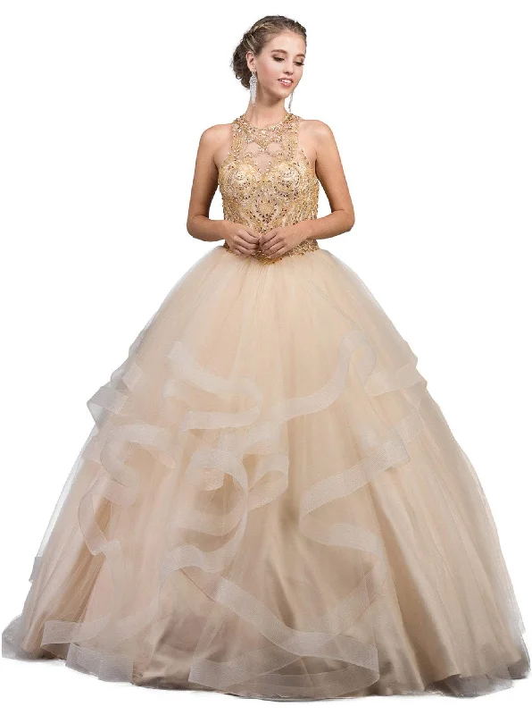 Classic Formal Dress StylesDancing Queen - 1253 Bedazzled Halter Neck Quinceanera Ballgown