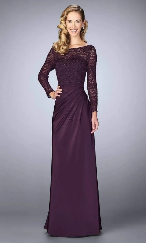 Flowing Chiffon Long Sleeves DressLa Femme - Long Sleeve Beaded Lace Sheath Dress 23435SC - 1 pc Plum In Size 4 Available