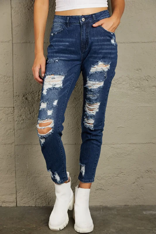 women's high-ankle denim jeansBaeful Distressed High Waist Jeans with Pockets