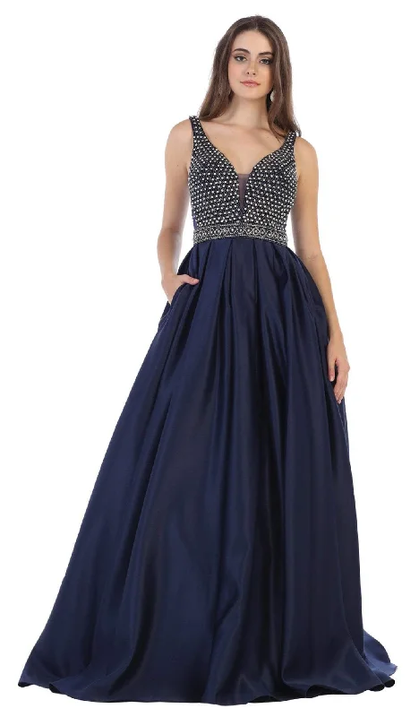 Formal Dress for Theme Park EventsMay Queen - RQ7680 Beaded Plunging V-Neck Ballgown