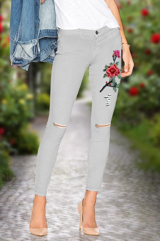 women's denim jeans for formal eventsFlower Embroidery Cutout Jeans