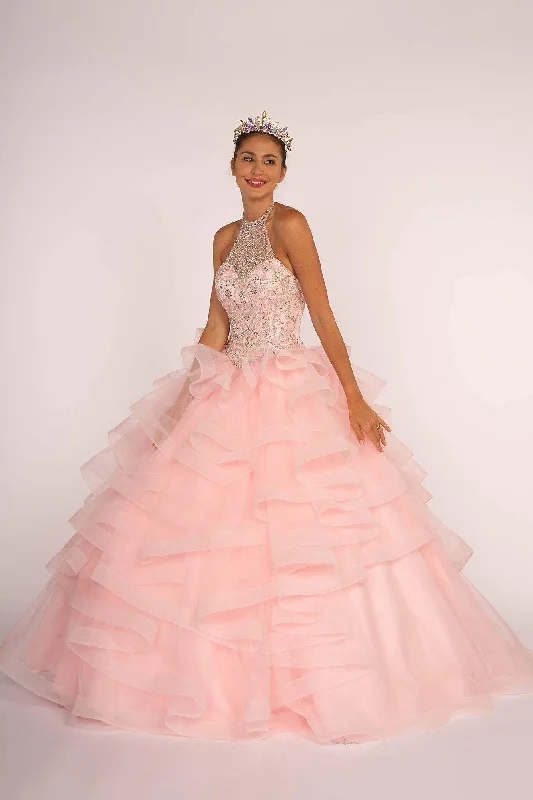 Formal Dress for Bar MitzvahsElizabeth K - GL2512 Ornate Illusion High Halter Ruffled Ballgown