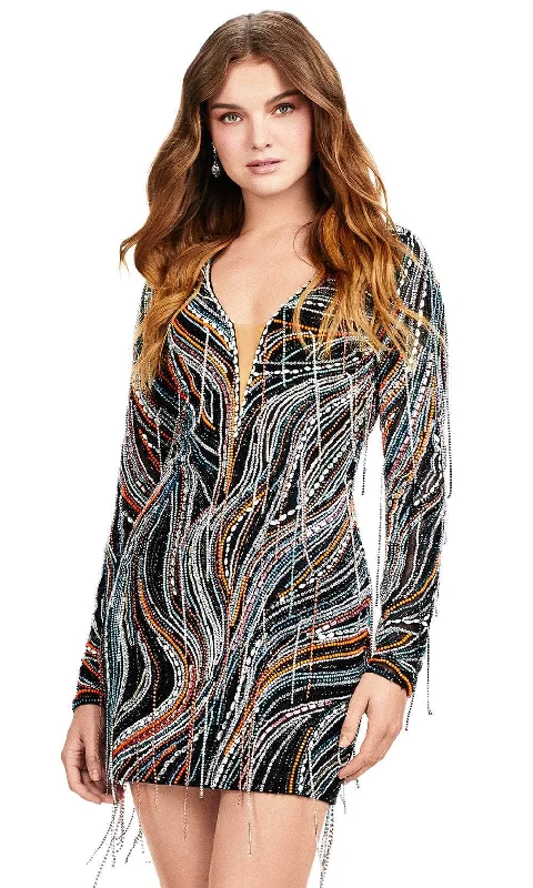 Flowery Print Long Sleeves DressAshley Lauren 4658 - Long Sleeve Beaded Fringe Cocktail Dress