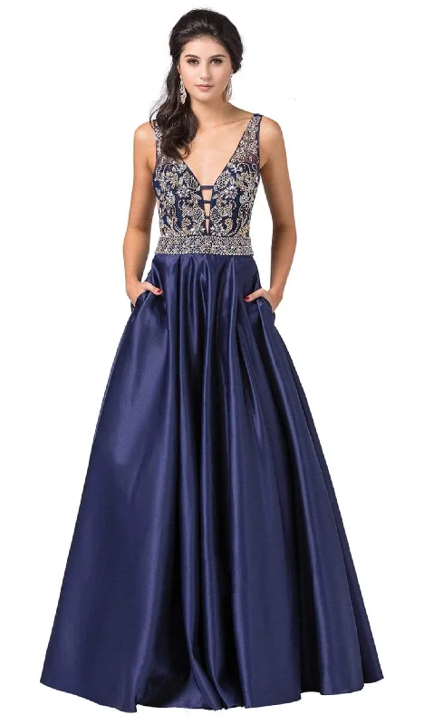 Formal Dress for Theater OpeningsDancing Queen - 2512  Intricate Beaded Ladder Banded Plunge Gown