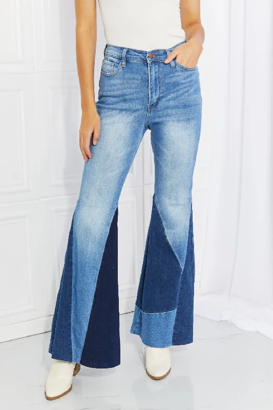 women's denim jeans for a chic appearanceVibrant Sienna Full Size Color Block Flare Jeans