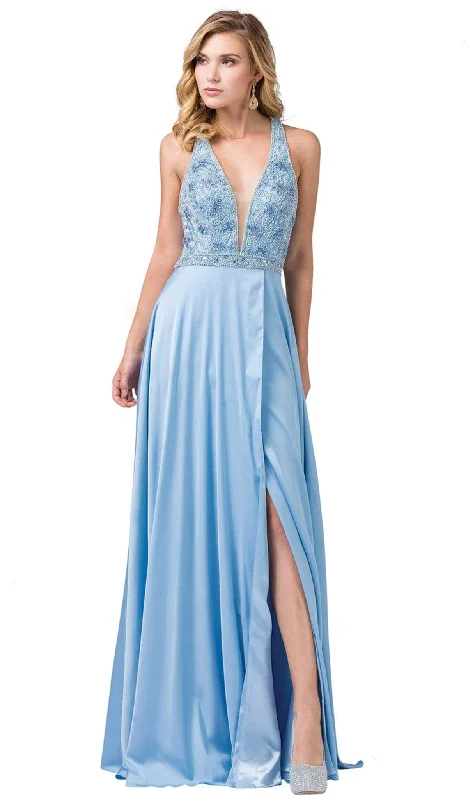 Formal Dress for Grammy AwardsDancing Queen - 2527 Beaded Crisscrossed Back High Slit Gown