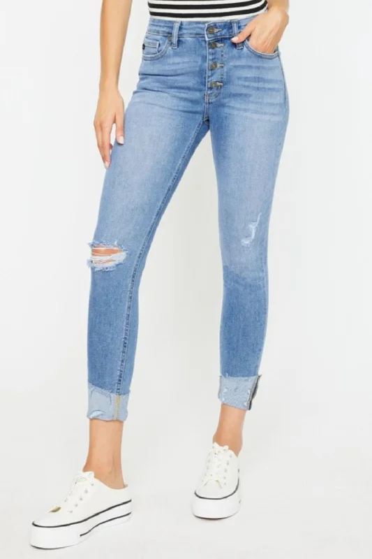 women's denim jeans for a night at the clubKancan Distressed Cat's Whiskers Button Fly Jeans