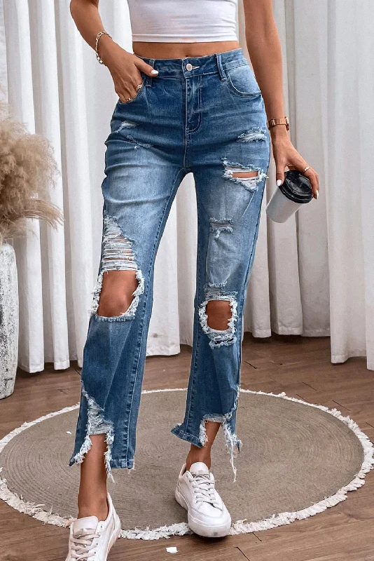 women's denim jeans for a timeless classic lookDistressed Raw Hem Straight Jeans