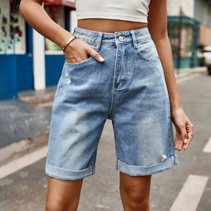 women's denim jeans with contrasting stitchingDistressed Buttoned Denim Shorts with Pockets