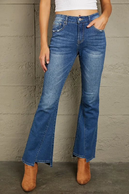 women's denim jeans with embroideryBaeful High Rise Flare Jeans with Pockets