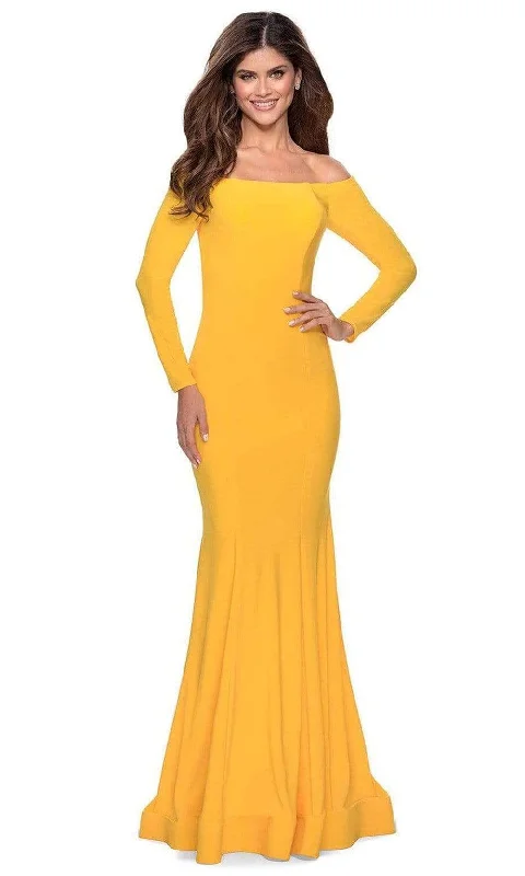 Flexible Long Sleeves DressLa Femme - Off Shoulder Long Sleeve Trumpet Dress 28754SC