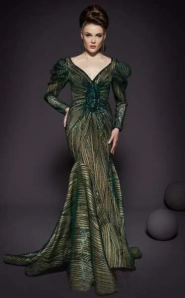 Flexible Long Sleeves Chiffon DressMNM Couture - 2452 Sequined Long Sleeve V-neck Mermaid Dress