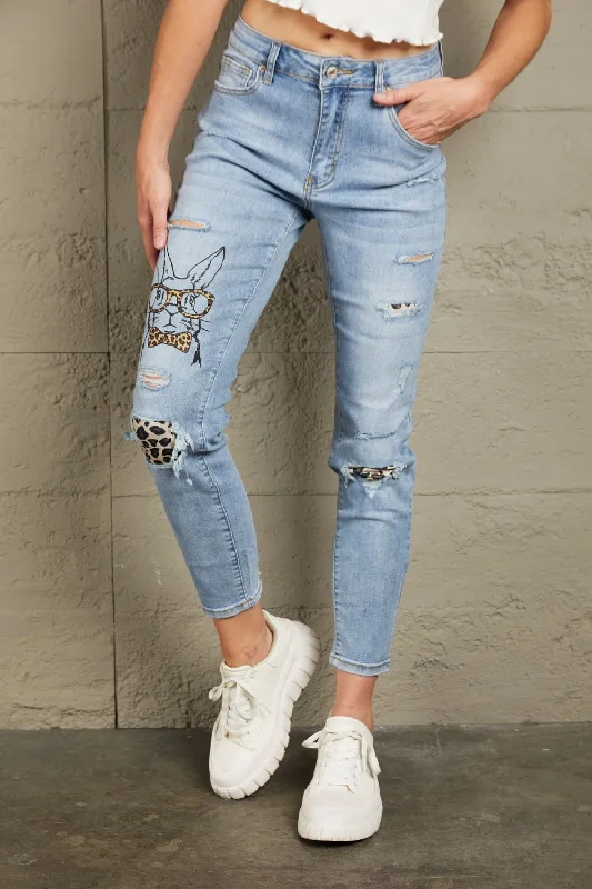 women's denim jeans for summerBaeful Easter Leopard Patch Bunny Graphic Jeans