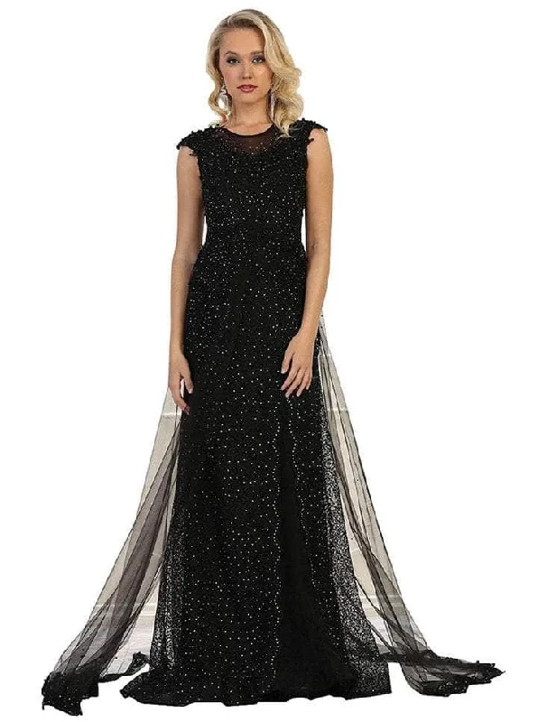 Formal Dress for Charity AwardsMay Queen - RQ7556 Cap Sleeve Embellished Jewel Neck Long Gown - 1 pc Black In Size 10 Available