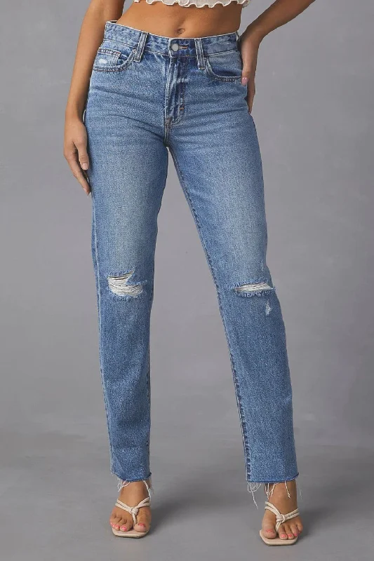 women's denim jeans with embroidery on pocketsDistressed Raw Hem Straight Jeans with Pockets