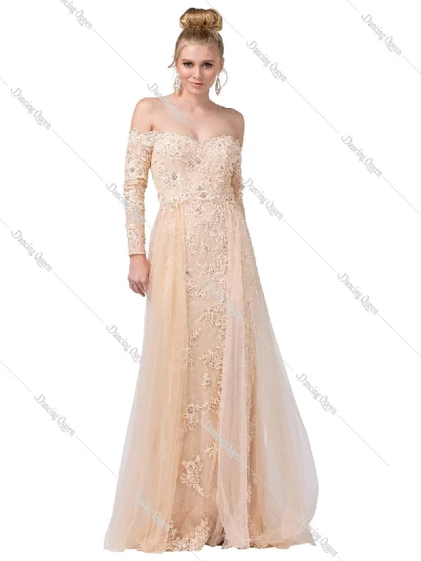 Formal Dress for Rustic ThemesDancing Queen - 2566 Long Sleeve Appliqued Lace Overskirt Gown