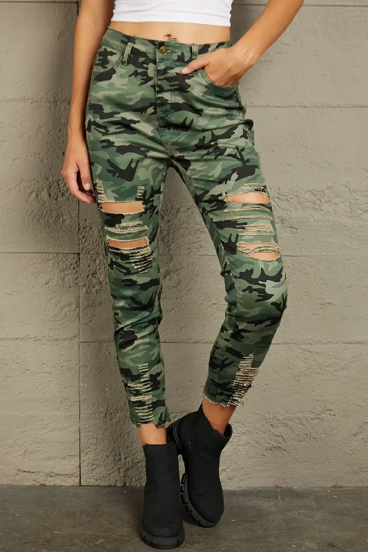 women's short denim jeansBaeful Distressed Camouflage Jeans