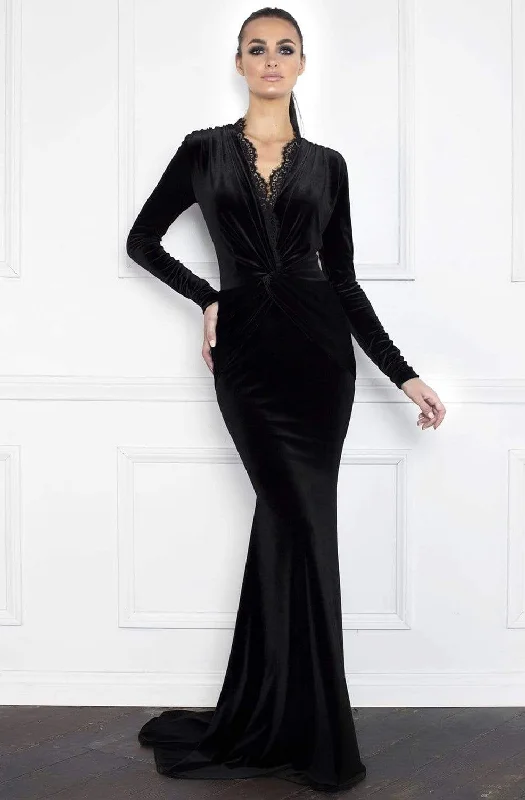 Fancy Crepe Long Sleeves DressNicole Bakti - 6848 Knotted V-Neck Long Sleeves Dress