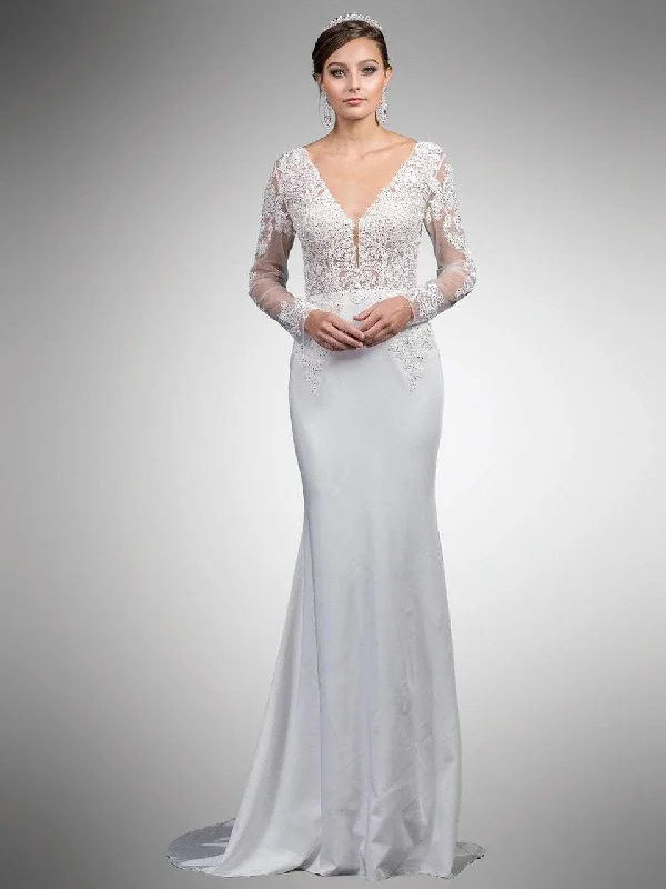 Flexible Cotton Long Sleeves DressDancing Queen Bridal - 52 Beaded Lace Long Sleeve V-neck Sheath Dress