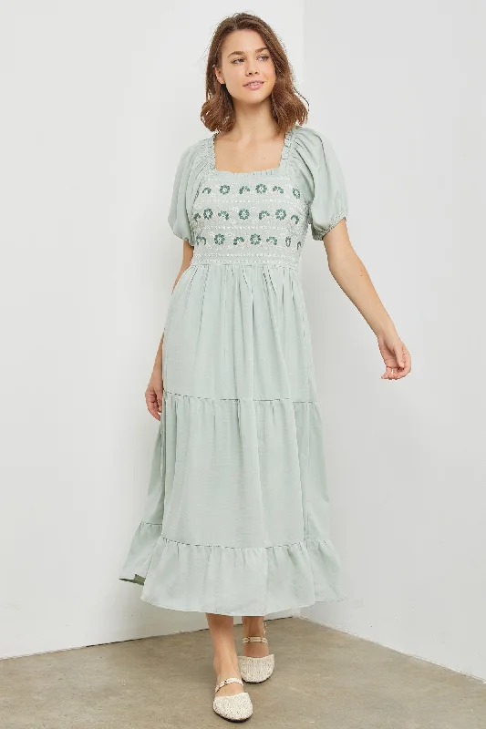 comfortable midi dressesElsie modest midi dress in sage-final sale